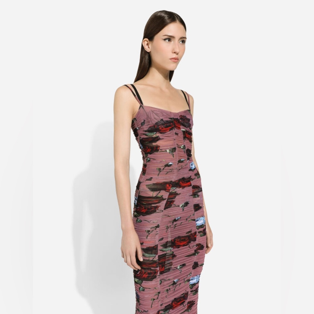 DOLCE & GABBANA Purple Mauve Floral Ruched Built In Slip Ruched Midi Dress 40IT